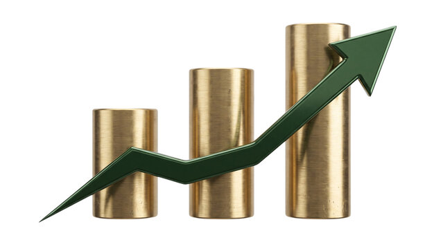 gold bar chart with zigzag arrow isolated PNG, upward trend on transparent background