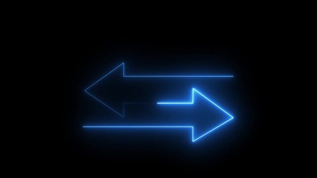 Glowing neon direction left and right arrow icon animation neon sign signal information,two neon-style arrows pointing in opposite directions sign symbol black background. animation 4k video
