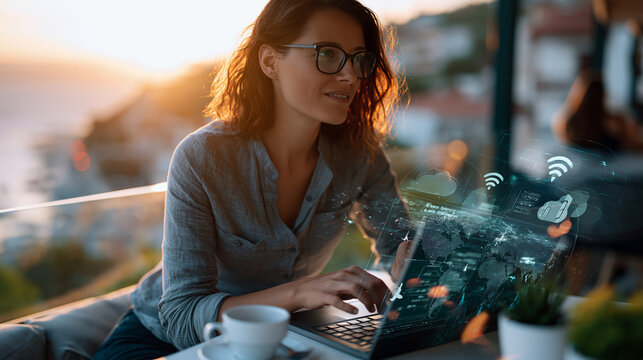 Digital nomad freelancer working on a laptop at a scenic terrace or cafe abroad with wifi connection travel data and cloud workflow graphics for global remote work
