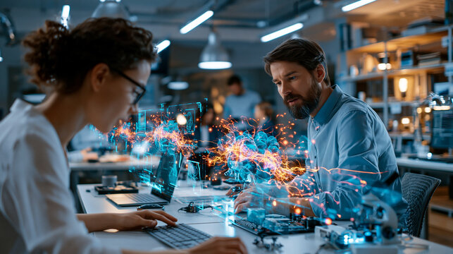 Neural workshop innovation lab where engineers prototype robots and hardware with neural maps and AI process graphics photorealistic inventive atmosphere