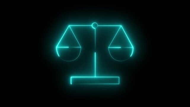 Abstract sun neon glowing justice scales icon symbolizing law fairness and balance against black background. animation 4k video
