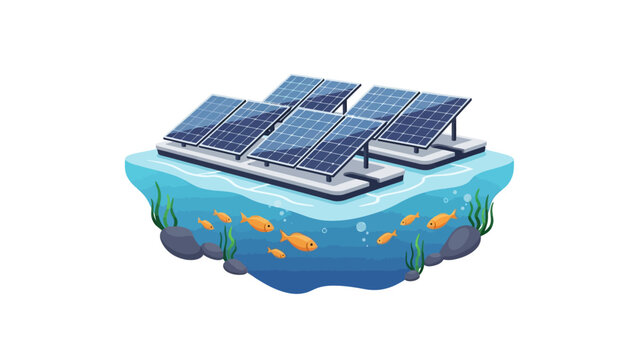 Floating Solar Panels on Water with Underwater Marine Life Illustration
