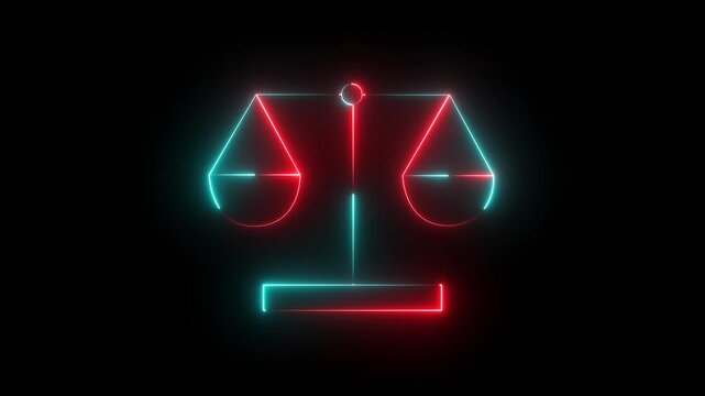 Abstract red neon glowing justice scales icon symbolizing law fairness and balance against black background. animation 4k video