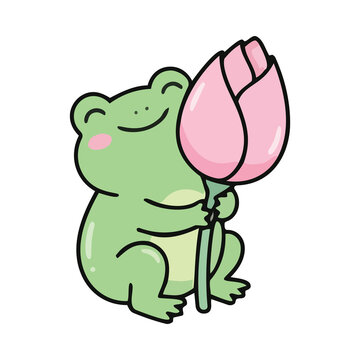 Cute cartoon frog holding a pink flower. Adorable green toad character with a floral gift.