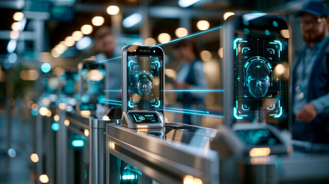 Photorealistic immigration checkpoint entrance with cybernetic border and facial scanning systems, biometric grids and access control lines at a secure facility