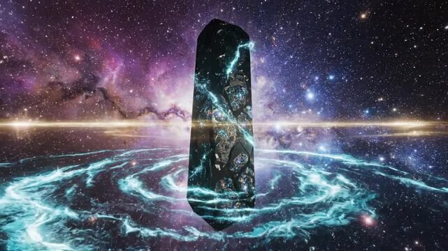 Futuristic abstract monolith in space, vibrant crystal structure surrounded by cosmic nebulae