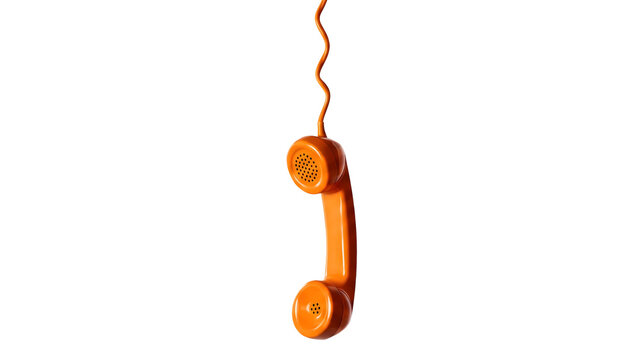 Bright Orange Vintage Telephone Receiver Hanging by Cord Isolated on White