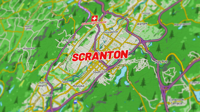 Macro View of Scranton Pennsylvania Map Showing Detailed Streets, Roads, and Geographic Layout
