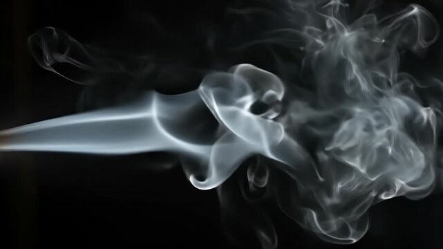 Dynamic white smoke stream flowing and swirling against a dark black background.