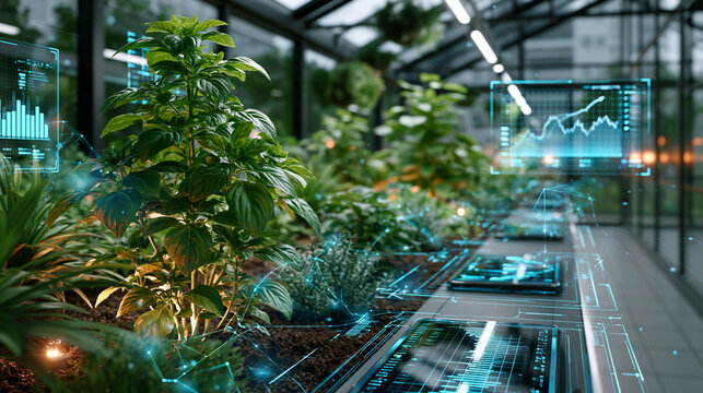 Photorealistic algorithmic greenhouse with smart sensors and data overlays, plants growing with growth charts and clean geometric interface