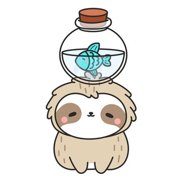 Cute cartoon sloth holding a fish bowl. Adorable animal illustration with a pet fish.