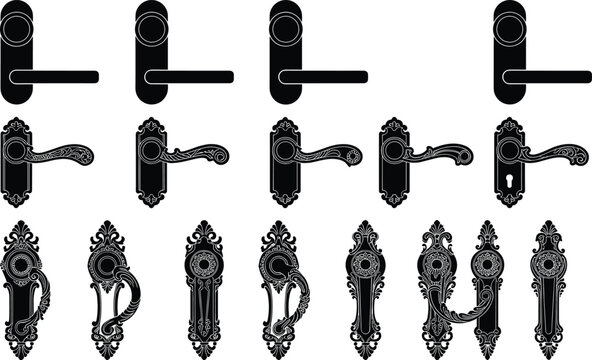Black door knob hardware glyph icons collection with antique rococo decorative entry handles interior lock designs and security equipment vectors
