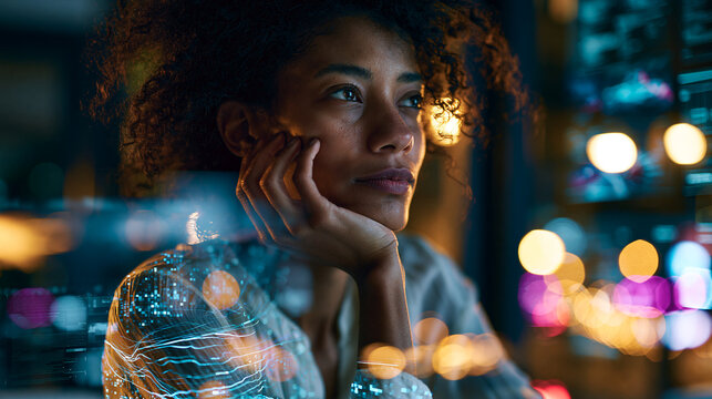 Evening portrait with neon reflections from screens, digital afterglow glow and fading interface technology, photorealistic person in a cyber light atmosphere