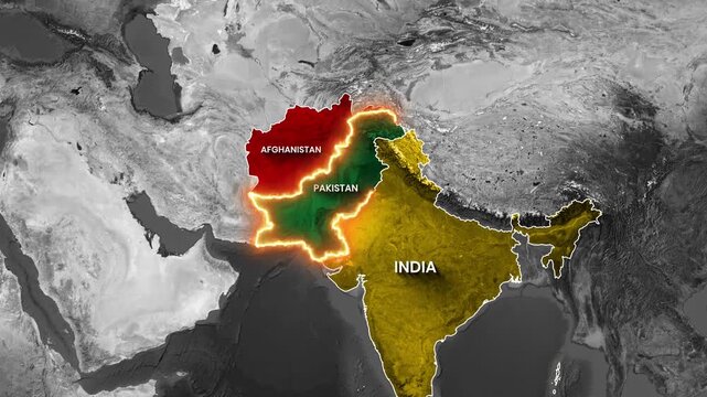 South Asia Map Animation Highlighting Pakistan Border with India and Afghanistan