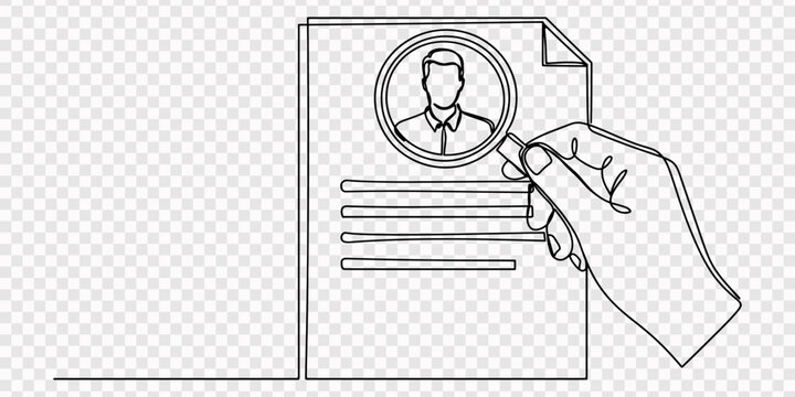 Continuous one line of a businessperson holding magnifying glass over document, representing auditing, inspection, and attention to detail, style hand drawn vector illustration, Hand holding 