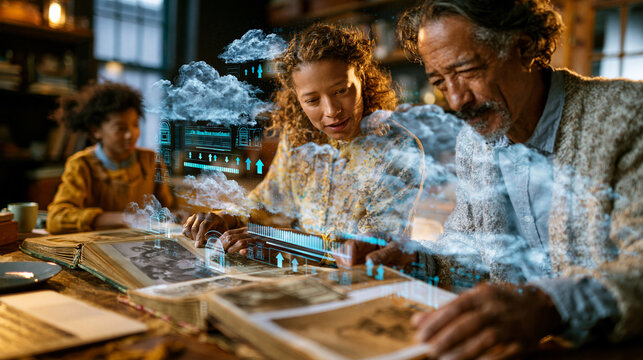 Photorealistic family in a home office transferring old photo albums and memories into cloud storage with legacy archive mood