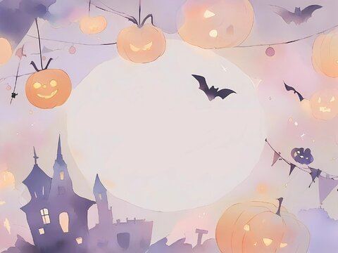 水彩で描いたかぼちゃとお城のハロウィーンフレームの背景素材イラスト