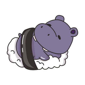 Cute hippo sushi illustration. Funny cartoon character as Japanese food roll.