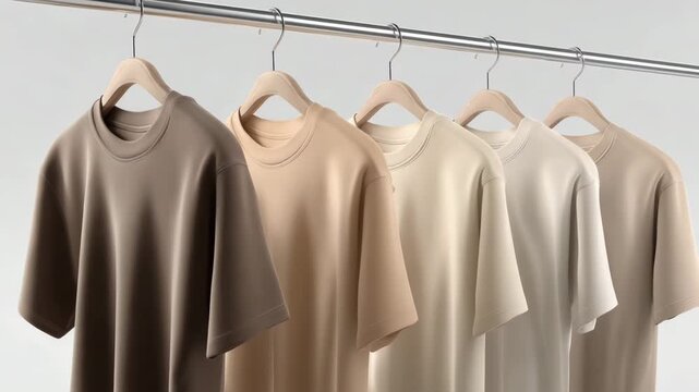 T shirts in various shades of beige and cream are neatly hung on a rack showcasing a minimalist clothing display
