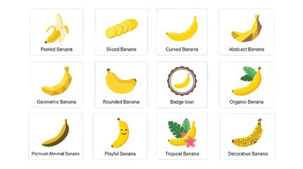 Diverse vector illustrations showcasing various banana types and styles in a clean grid layout © VECTORIST
