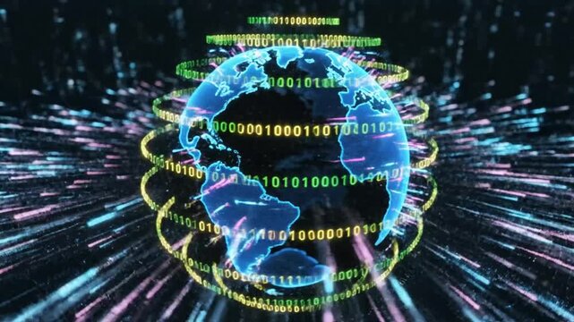 Digital earth globe with binary code swirling in outer space, representing global data connectivity and technology