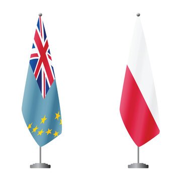 Tuvalu and Poland flags on flagpoles for official ceremonies and meetings, transparent background vector