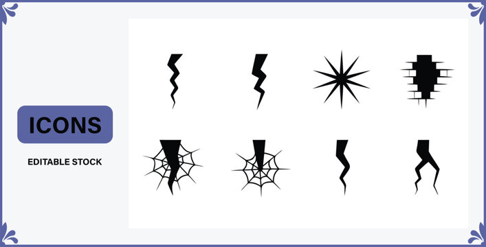 Collection of graphic icons representing cracks lightning bolts starburst and hole in brick wall