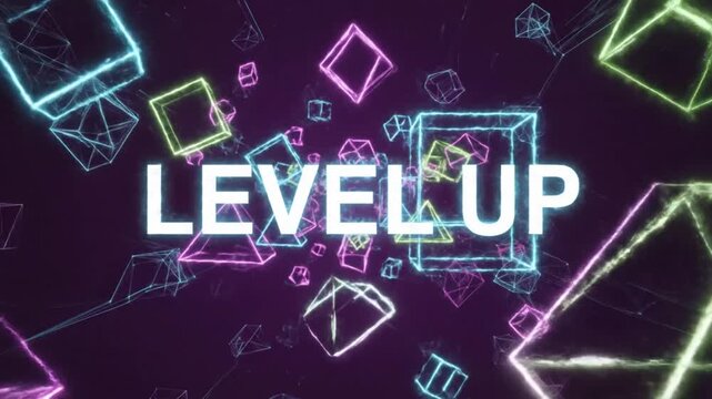 Futuristic Neon Level Up Animation with Glowing Geometric Shapes and Glitch Effects on Dark Purple Background
