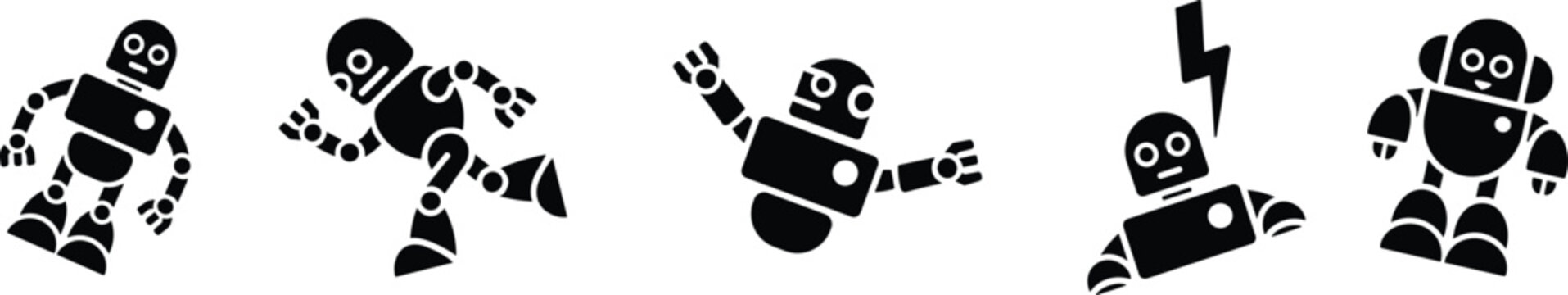 Stylized black-and-white robot icons in varied poses, representing motion, malfunction, and neutral states for animation or interface design.
