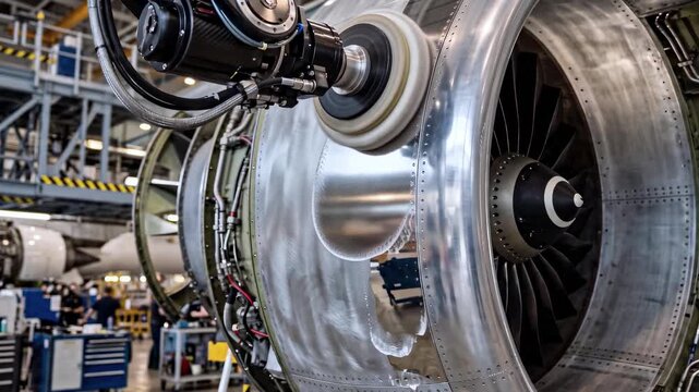 Robotic system performs precision polishing and inspection of passenger engine in aircraft maintenance hangar. Engine components, repair process. Aviation engineering, automated maintenance technology