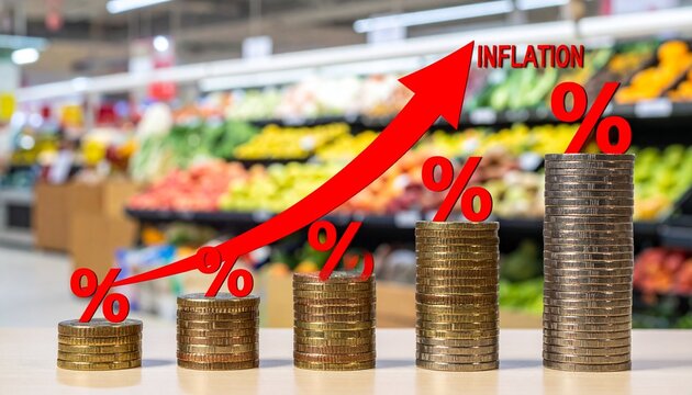 Rising Coin Stacks with Red Percentage Signs and Upward Arrow with INFLATION Text Against Blurred Grocery Supermarket Background for Rising Prices, Cost of Living, and Economic Inflation Concept