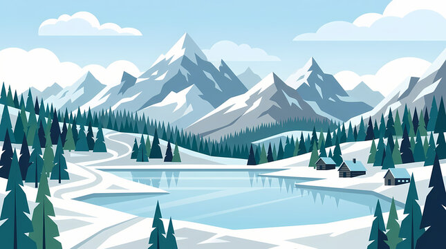 Snowy mountain lake with pine forest and cabins winter wilderness exploration