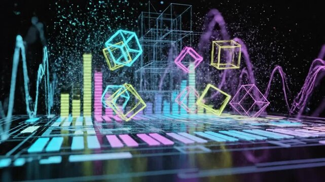 Abstract futuristic neon animation of audio visualizer with colorful floating cubes, sound waves, and bars against black background