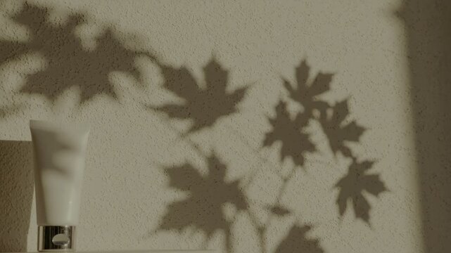 Cosmetic tube and jar with leaf shadows.