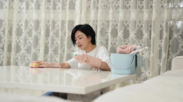 Smiling housewife homemaker woman in apron wearing gloves while cleaning table for dust in the living room, maintaining hygiene household cleanliness, housekeeper holding spray bottle sponge cleaning