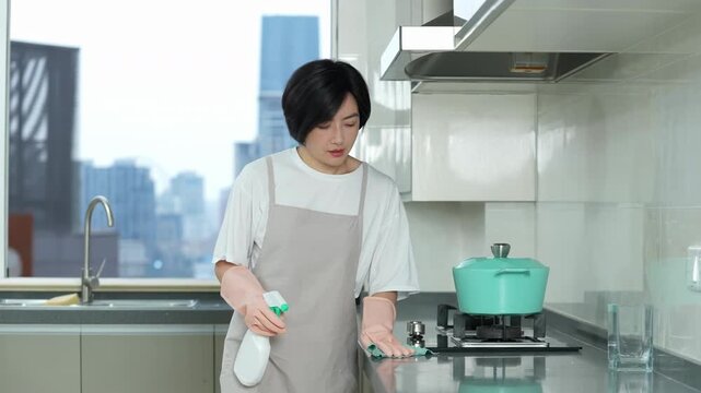 Focused housewife homemaker wearing rubber protective gloves cleaning kitchen cupboards table with rag for dust dirt, bacteria or germs with spray bottle sponge cleaning, woman doing housework at home