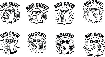 Fototapeta premium Collection of black and white ghost for halloween, featuring ghosts with sunglasses holding beer, pizza, hot dogs, and milkshakes