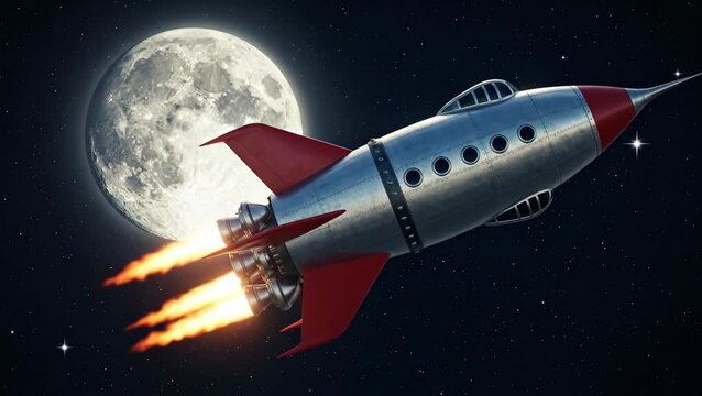 Retro rocket ship blasting off into space towards a full moon, stars shining.