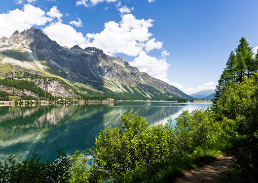 View across Lake Sils in the Engadin, Switzerland&mdash;on the way from Maloja to Sils