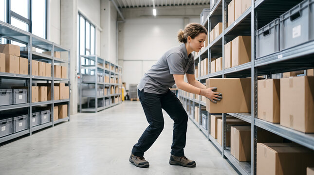 Warehouse employee placing cardboard package onto storage shelf during inventory stocking in modern warehouse