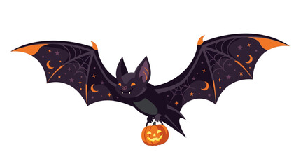 Fototapeta premium Halloween flying bat vector illustration, spooky vampire bat carrying pumpkin lantern, dark purple nocturnal animal with celestial wing patterns