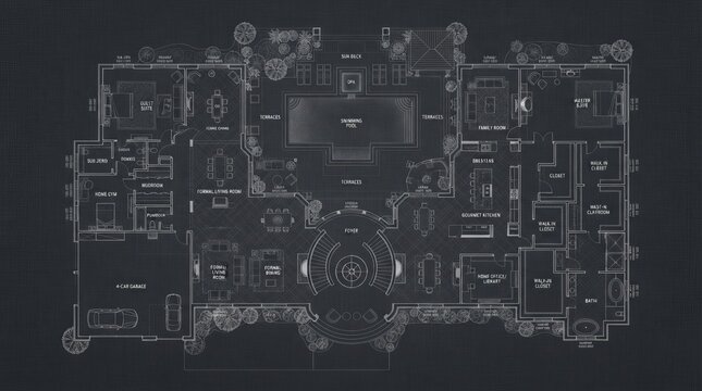 Architectural blueprint detailing luxury residential estate layout floor plan