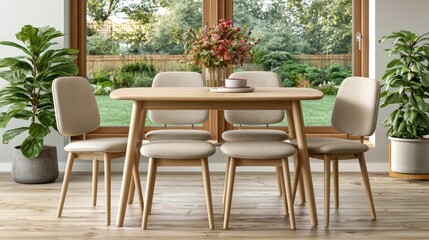 Fototapeta premium Modern Dining Room Setup with Wooden Table and Stylish Chairs Surrounded by Natural Light and Indoor Plants