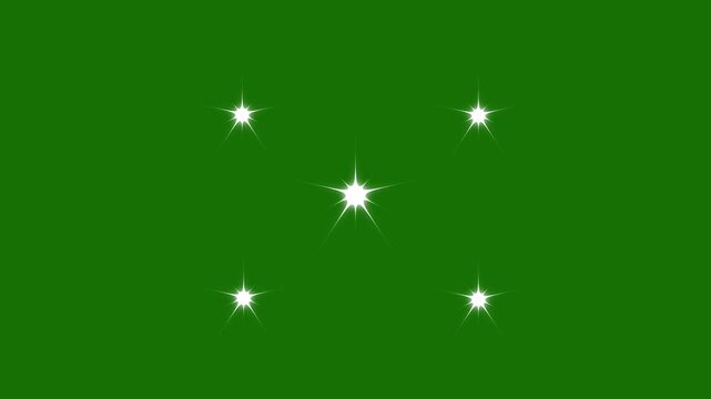 White cartoon blinking stars with glowing sparkle trails, magical twinkle burst, flat vector doodle style, seamless green screen celebration effect