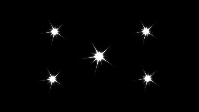 White cartoon glitter sparkle animation with blinking twinkle stars, elegant glowing trails, retro doodle shine effect, seamless black background loop