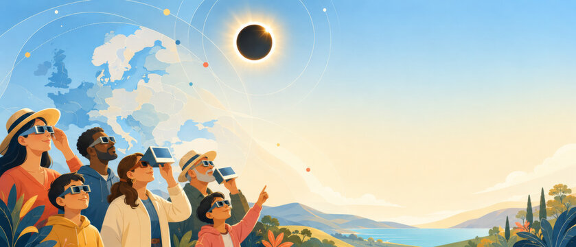 Solar eclipse viewed in Europe, people watching with protective glasses