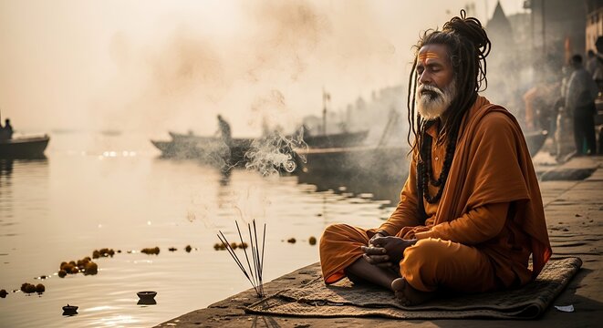 Indian sadhu meditating by the Ganges river at sunrise with incense smoke