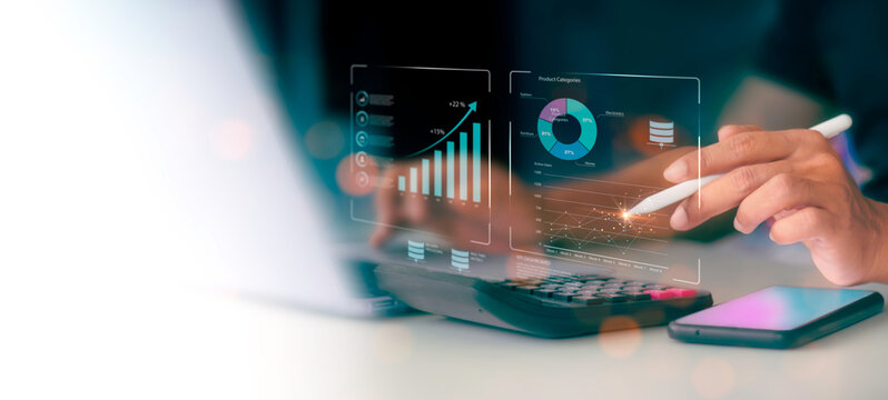 Business data analytics dashboard with product categories pie chart and sales growth graph. E-commerce data management and financial analytics concept with bar chart and copy space.