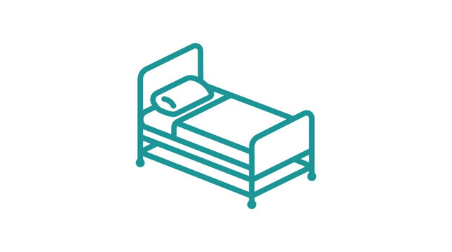 Simple line art icon of a hospital bed with a pillow and blanket.