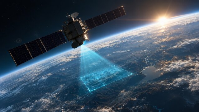 High-resolution Earth observation satellite scanning the planet's surface with a blue lidar imaging grid, solar panels deployed, sunlight glinting over curved horizon and clouds